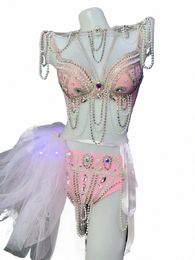 Sexy LED Prestaties Stadium Slijtage Roze Parel Rijnstes Bikini Set Nachtclub Vrouwen DJ Pole Dance Kostuum Party Modellen Tonen Outfit u0Lm #