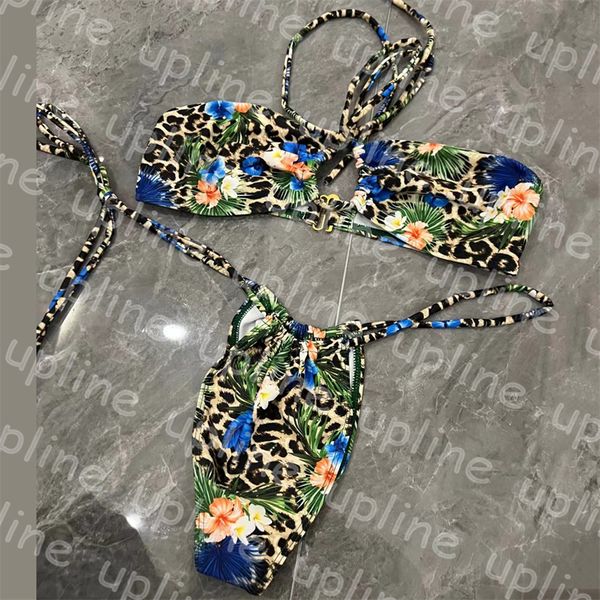 Bikinis de leopardo sexys para mujer, traje de baño Bandeau con estampado de flores, Tanga con cordones, traje de baño con sujetador Desinger