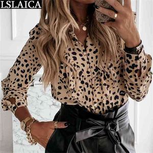 Blusa sexy con estampado de leopardo para mujer con volantes de manga larga con cuello levantado y tops elegantes con botones para mujer de oficina para la moda 210515