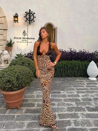Sexy imprimé léopard dentelle Patchwork Maxi Dres mode col en V dos nu longues robes printemps été femme vacances robes 240228