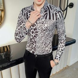 Camisa Sexy con estampado de leopardo para hombre, camisas informales de manga larga ajustadas, camisas de esmoquin Social para Club nocturno, ropa masculina Chemise Homme