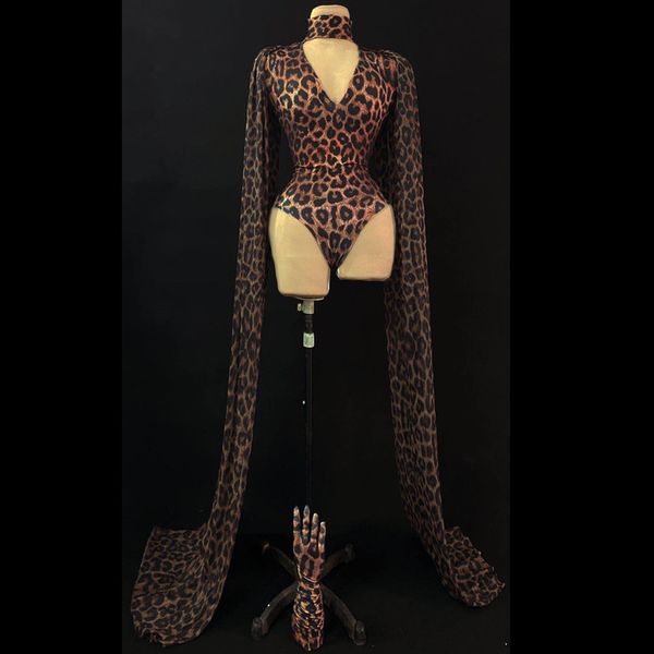 Sexy léopard imprimé body col en v Spandex châle gants fête scène tenue femmes danseur chanteur discothèque bar DJ DS Performance Costume