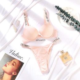 Sexy lettre strass Lingerie slips ensemble tongs fille Push Up soutien-gorge culotte 2 pièces pour femmes confort réglable sous-vêtements ensembles rose soutiens-gorge X1122L2403