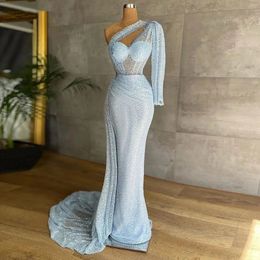 Robes de soirée sexy bleu ciel clair sirène formelle une épaule unique manches longues femmes robes de bal robe de soirée robe de soirée