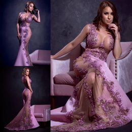 Sexy Lila Mermaid Lovertjes Avondjurken Sheer Juweel Neck Beaded Prom Gowns Sweep Train Satin Appliced ​​Formal Dress