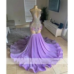 Sexy Lilac Purple Diamonds Prom -jurk voor zwarte meisjes 2024 Beading Crystal Rhinestones Feather Plus Size Birthday Evening Jurken 0431