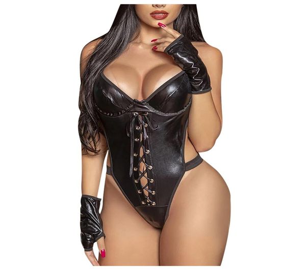 Lingerie sexy en cuir Women039s Sous-vêtements Bandage croisé Dentelle Latex Corsets Dos nu porno sexy Costume Sexe Érotique Teddies Plus S9081445