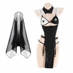 Lingerie sexy Nun Uniforme Passi Costumes de sorcière Femmes adultes Cosplay Dr avec voile noir Anime Halen Party Maid Outfit e6K0 #