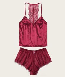 Sexy Lingerie Pyjama Set Lace Sling 4 tailles Sumou Sans manche en V Coure rouge Shorts Pijama Home Suit For Women Q07061965334