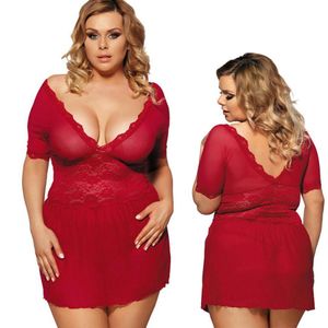 Sexy Lingerie Plus Size Red Nighty Lace Mesh V-hals Babydoll Nachtkleding Jurk # R68