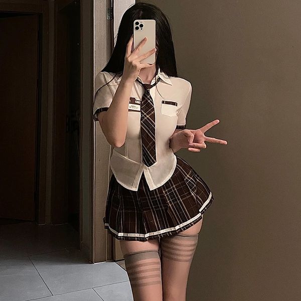 Lencería sexy Uniforme de estudiante escolar Traje de juego de rol Mujeres Mini falda linda Blusa ajustada Conjunto Porno Chica universitaria Cosplay Anime 240102