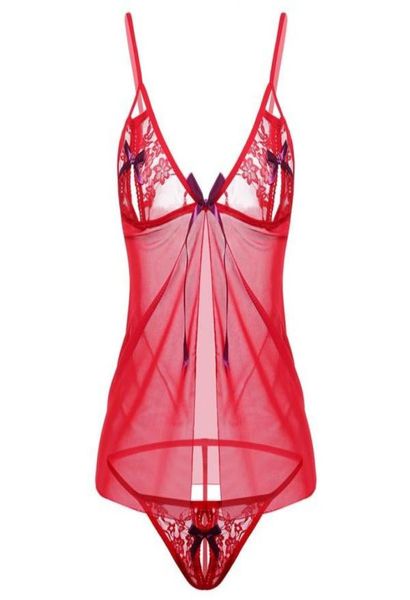 Lencería sexy para mujer, malla de encaje con cuello en V, vestido Babydoll con frente abierto, lencería sexual, conjunto de Tanga, ropa exótica porno 6316018