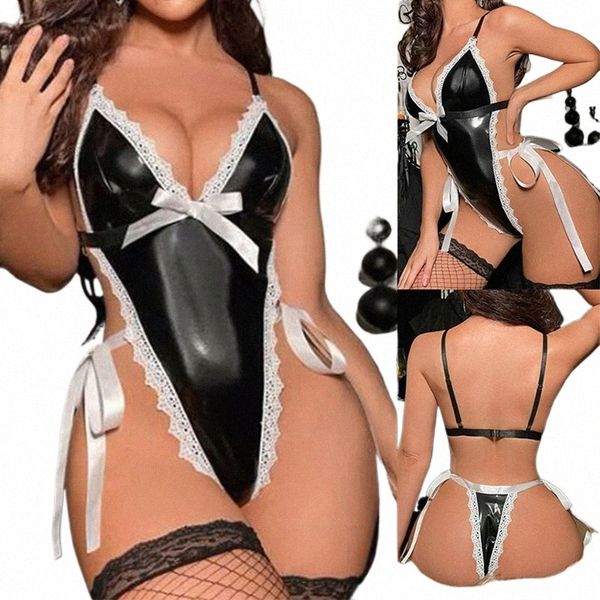 Lingerie sexy Femmes Plus Taille Latex Cuir Cosplay Costume Deep V Backl Maid Baby Doll Dr Bow Costumes Érotiques Porn Corset S8Hn #