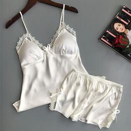 Pyjama d'été en Satin de soie pour femmes, Lingerie Sexy, bretelles Spaghetti, vêtements de nuit en dentelle, vêtements de maison, Bathrobe319c