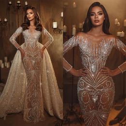 Sexy Lllusion Robes De Bal Femmes Shine Perles Robe De Soirée Robes D'occasion Spéciale Cultivé Détachable Balayage Train Robes De Novia Taille Personnalisée D-H23809