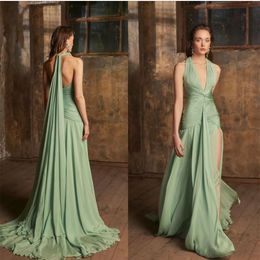 Robes de soirée Green Long mousseline sexy avec une fente de sol en ligne V longueur en V V plissé ouvert à l'arrière zipper robes de fête formelles pour femmes