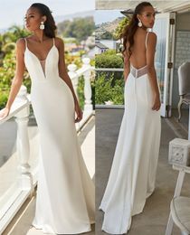 Sexy Long Crepe V-hals spaghetti riemen trouwjurken Mermaid Ivory Illusion Back Sweep Train Bruidsjurken voor vrouwen