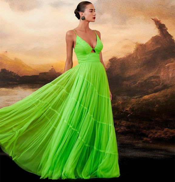 Sexy Long Deep Vestidos de baile de graduación verde en línea A-Line Correas de espagueti Longitud Longitudes de piso Vestidos de noche plisados para mujeres