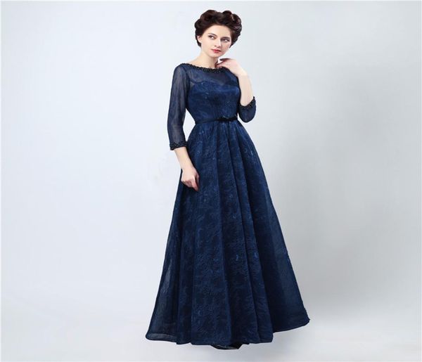 Robe de soirée longue Sexy, bleu foncé, élégante, en dentelle, robes de bal avec manches, 7401840