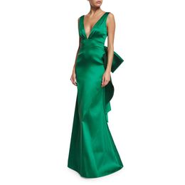 Sexy Long Green Satin V-Neck Prom-jurken met boog/ruches Mermaid Watteau Train ritssluiting Back Back-prom-jurken voor vrouwen
