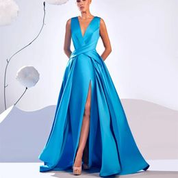 Sexy Long Ice Blue Satin Prom-jurken met spleet/zakken A-lijn geplooide V-Neck Watteau Train ritssluiting Avondjurken voor vrouwen