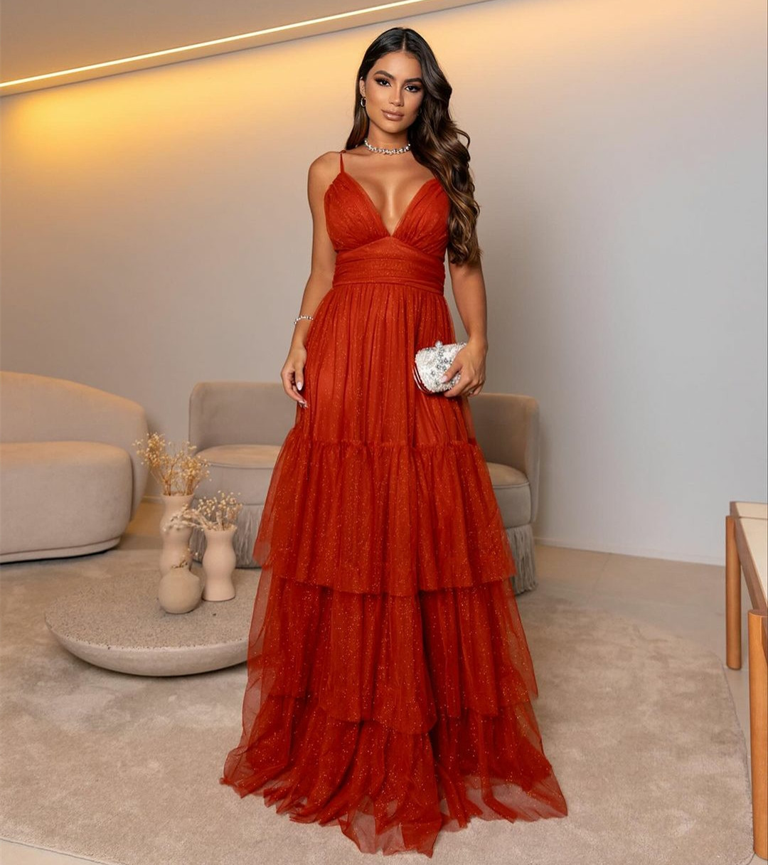 Sexy Long Orange-Red Tulle Pleated Evening Dresses A-Line Spaghetti Zipper Back Floor Length Prom Dresses Robe De Soiree Formal Party Gown for Women