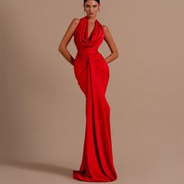 Sexy lange rode kauwhals geplooide avondjurken met spleet zeemeermin satijnen mouwloze vloerlengte open back prom jurken voor vrouwen