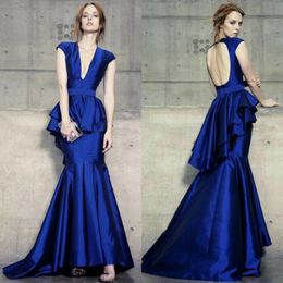 Sexy Long Royal Blue Taffeta V-Neck avondjurken Mermaid Mouwloze gegolfde Sweep Train Zipper Back Prom-jurken voor vrouwen