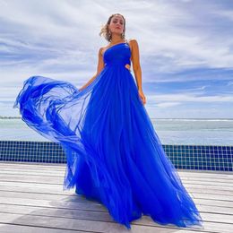Sexy Long Long Royal Blue Tul Tul Tul Dress con recorte lateral A-Línea Un hombro Plaated Longitud Longitud de la noche Vestidos de noche para mujeres