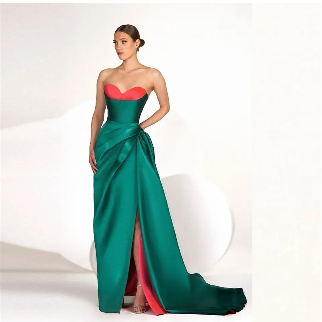 Sexy Long Satin Green Evening Dresses With Split Mermaid Pleated Sweep Train Zipper Back Prom Dresses Party Dresses for Women