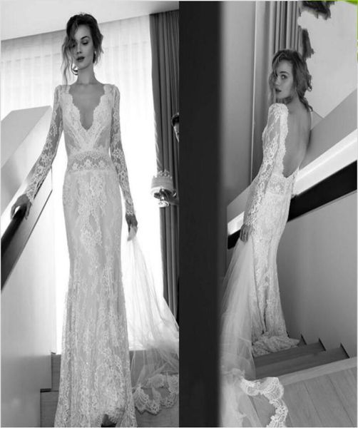 Robes de mariée sexy en dentelle à manches longues Lihi Hod gaine robes de mariée avec col en V profond dos nu robe de mariée ajustée sur mesure Vint5345761