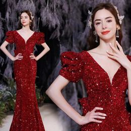 Sexy longues robes de bal scintillantes 2023 pure col en V luxe cristaux rouges diamant paillettes sirène fille noire robes de soirée grande taille robe de soirée rouge
