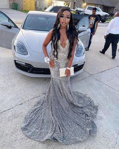 Sexy Long Sparkly Prom Dresses 2023 Sheer O-neck Luxury Silver Crystals Diamond Sequin Mermaid Black Girl Vestidos de noche formales Grey Vestidos De Feast