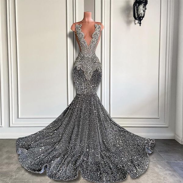 Sexy largo brillante vestidos de graduación 2023 pura cuello redondo de lujo cristales de plata diamante lentejuelas sirena negro chica vestidos de fiesta de noche Robe276c