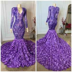 Sexy longue robe de bal violet scintillant pure col en V luxe volants en cascade paillettes sirène fille noire robes de soirée Robe de soirée sur mesure