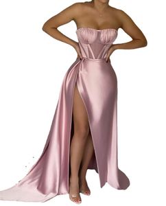 Sexy lange strapless strapless roze luxe avondjurk met spleet satijnen mouwloze prom jurk formele feestjurk vloer lengte