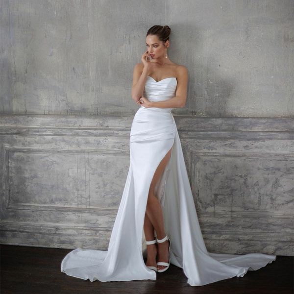 Sexy Long V-Clay Vestidos de novia blancos de Satin Garden White con Mermaid dividida Cordero de encaje hacia atrás Vestidos de novia para mujeres para mujeres