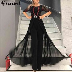 Sexy longues femmes robe demi manches O cou taille haute fendu Maxi mode noir voir à travers soirée robes 210513