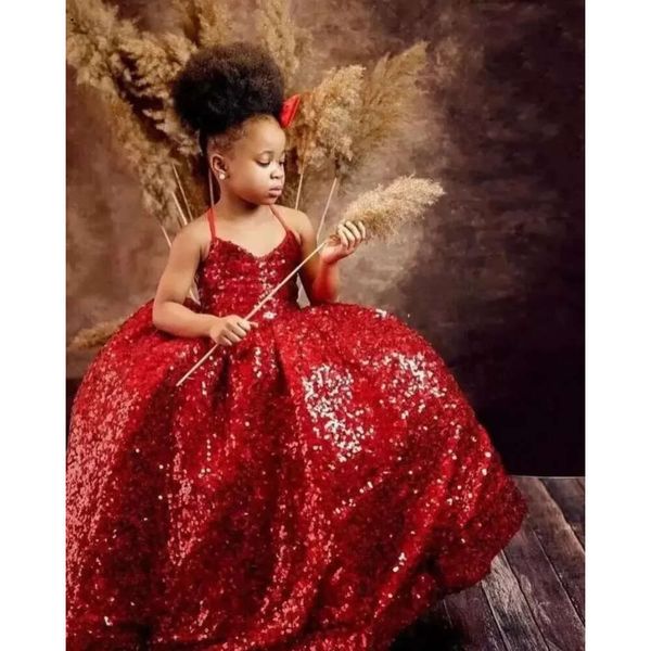 Sexy charmant Noël Sequins rouges fleuris filles robes halter paillettes de la dentelle longueur du sol pour enfants fille anniversaire concours de robes de concours croissantes croix en bes121