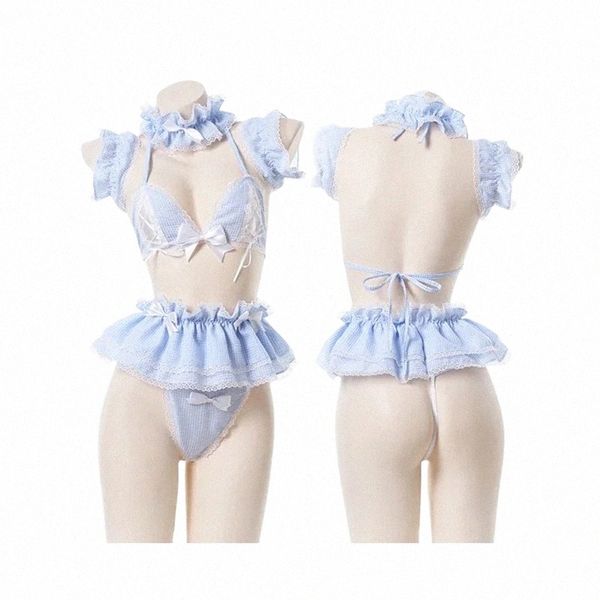 Sexy Lovely Cosplay Anime Disfraces Kawaii Blue Maid Outfit Bikini para damas Sailor Student School CamisolesSkirt Conjunto de lencería E8vr #