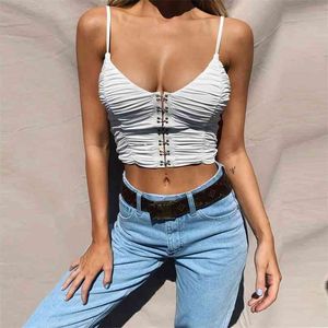 Sexy Low Cut Black Crop Tops Mujeres Camisole Summer plisado Wild High Street Leisure Backless Tank Tees Femme 210517