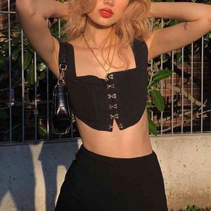 Sexy Low Cut Black Crop Tops Mujeres Camisole Spring Goth Wild Home Wear High Street Leisure Tank Tees Femme 210517