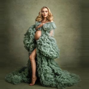 Sexy zwangerschapsbeleving jurken salie groene jurk vloer lengte avondjurken weelderige tule gezwollen donzige gewaden voor fotoshoot babydouche