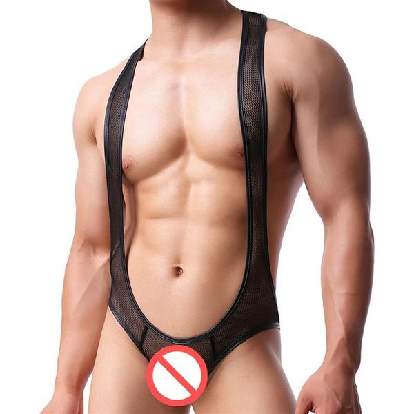 Body Sexy de malla negra para hombre, mono con trasero abierto, camiseta de lucha, Shaper, tirantes para Gay, Body transparente de nailon 208E