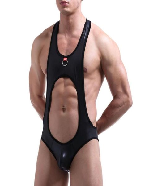 Hombres sexys Bodysuit PU Leather Fetish Exótico Bondage Subsera Lencería Back Hollow Out Fantasy Male Jumpsuit Teddy Sex Sear7541205