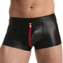 Sexy Men Boxer Shorts y calzoncillos Ropa interior Bulge Slip Cuero de imitación Frente abierto Bragas gay Cremallera Cintura baja Boxers para hombres masculinos 240109
