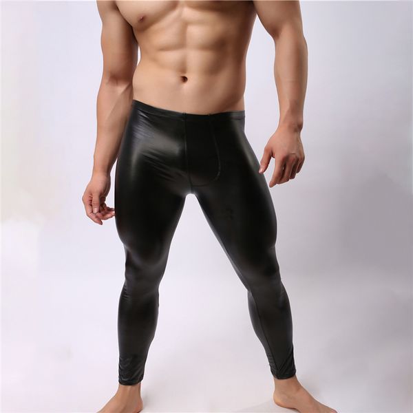 Sexy Men Long Johns camiseta Calzoncillos de cuero de imitación negros delgados Masculino Delgado Suave U Convexo Gay Fitness Bolsa Media cintura Leggings Ropa interior KC48