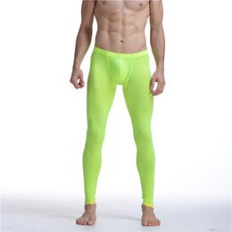 Sexy Men Mesh Undershirts Transparente Erótico Ultra-Delgado Gay Long Johns Ice Seda Leggings Pantalones Medias Casual Calzoncillos Hombre Pantie219m