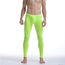 Sexy Hommes Mesh Undershirts Transparent Érotique Ultra-mince Gay Long Johns Ice Silk Leggings Pantalons Collants Casual Slip Homme Pantie199n