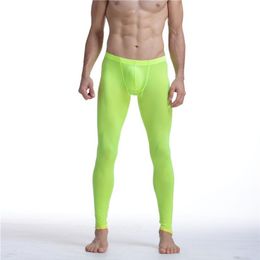 Sexy Men Mesh Undershirts Transparente Erótico Ultra-Delgado Gay Long Johns Ice Seda Leggings Pantalones Medias Casual Calzoncillos Hombre Pantie265T
